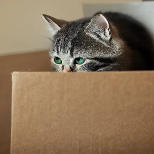 Prompt: kitty hiding under a box