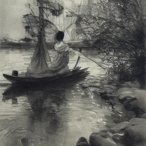 Prompt: spirited away by anders zorn placid, somber. a river scene. the river is represented by a line winding through the center of the kinetic sculpture. the banks of the river are represented by two lines, one on each side.