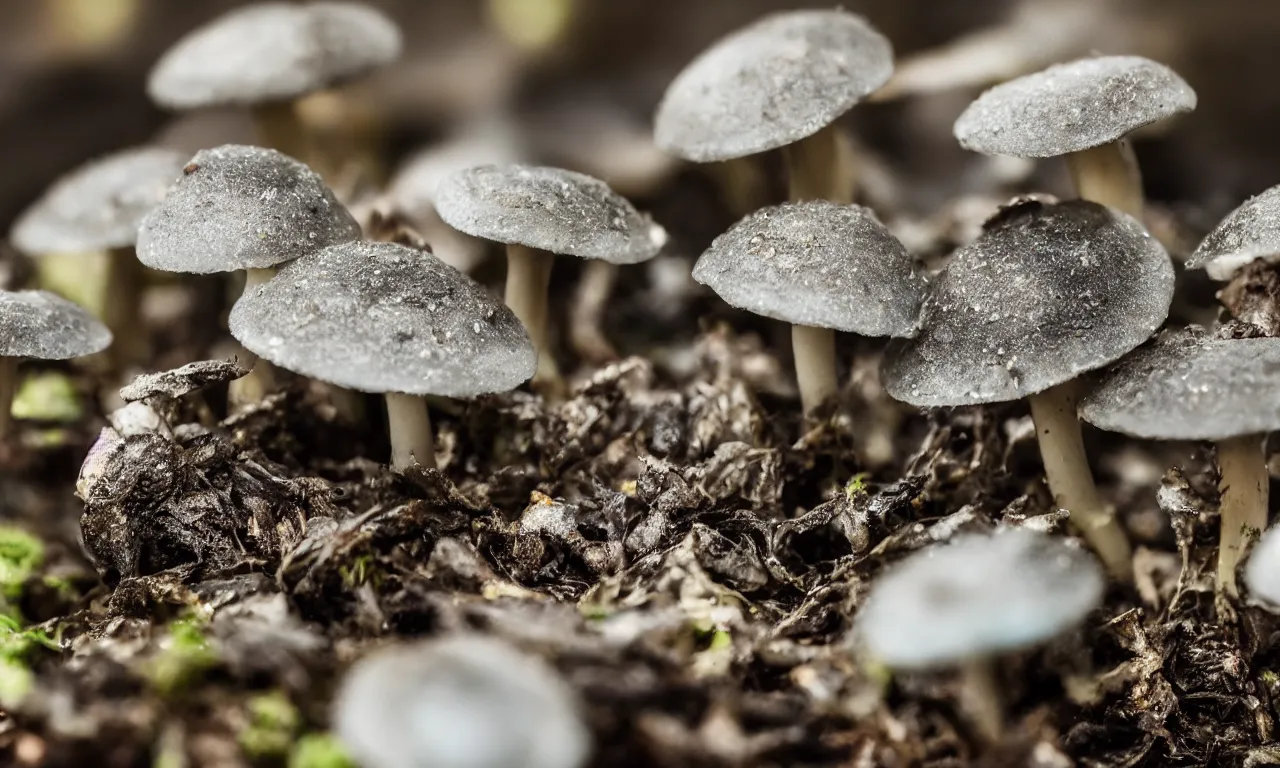 Image similar to a macro shot of bioluminescent mushrooms, dof, 4k, bokeh, acid pixie