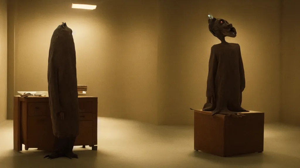 Prompt: the strange creature at the office that stole my soul, made of wax and oil, film still from the movie directed by Denis Villeneuve with art direction by Salvador Dalí, wide lens