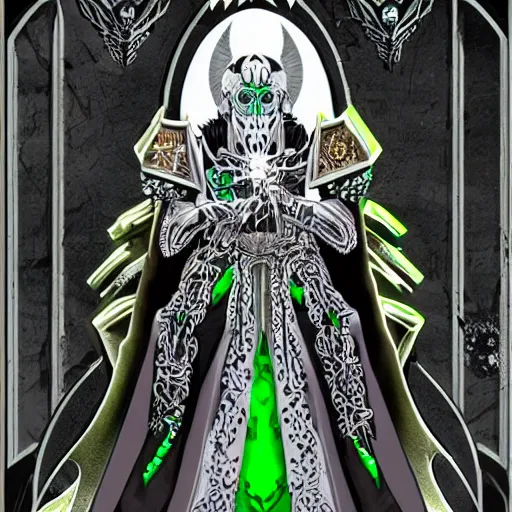 Prompt: a high priestess necromancer in the style of chaos in warhammer 4 0 k, flowing robe, jewel encrusted chestplate, green black grey and white palette, lolth, dnd, character art