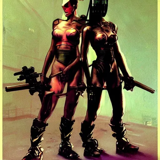 Image similar to An android wielding two katanas in a cyberpunk setting by Frank Frazetta, Trending on Artstation, 1980s computer graphics,