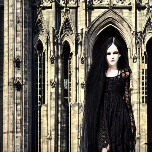 Prompt: gothic girl dressed in black, perfect face, macro head shot, behind her a gothic cathedral, perfect photo, no decaying lines, the windows of the cathedral are reflecting red flame lights, delicate mandala intricate ornaments