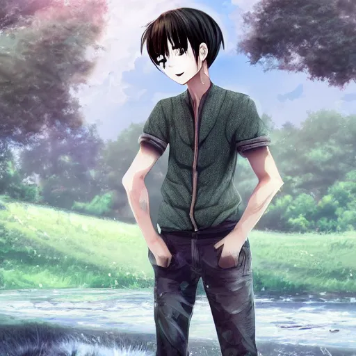 Image similar to cute anime boy standing by a large river, digital art , highly detailed , high contrast, beautiful lighting, award winning , trending on art station, photorealistic, 8k