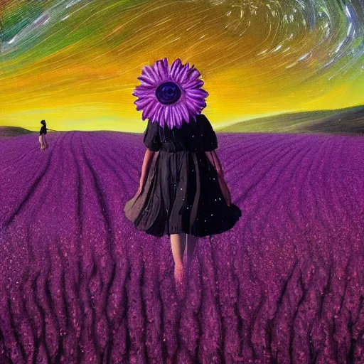 Prompt: giant purple daisy flower as a head, girl walking in wheat field, hills, surreal photography, dark night, star trails, dramatic light, impressionist painting, clouds, digital painting, artstation, simon stalenhag