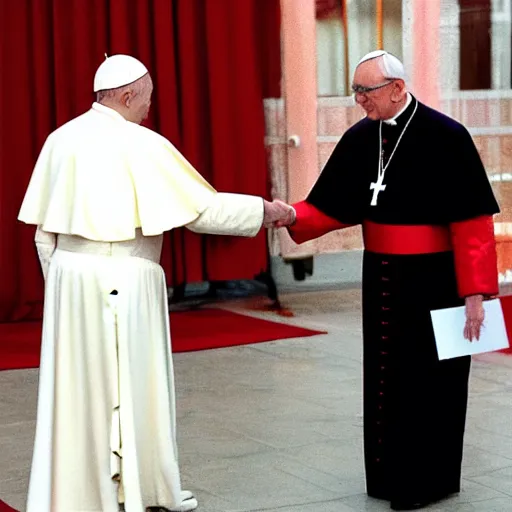 Image similar to pope john paul the second shaking hands with elmo from the sesame street