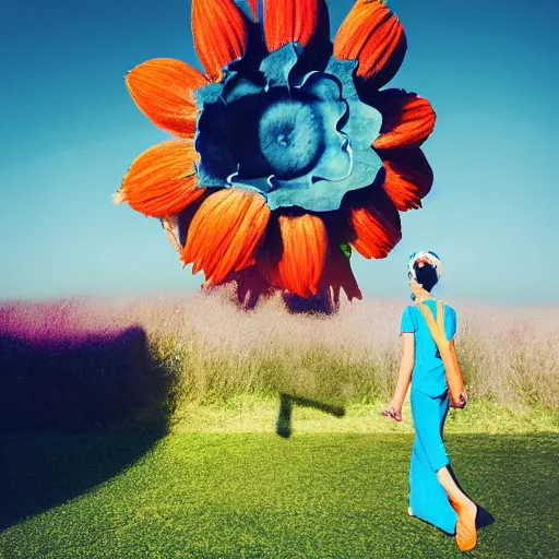 Prompt: giant flower head, woman walking, surreal photography, cinematic, blue sky, symmetry, detailed, bright, retro, wes anderson