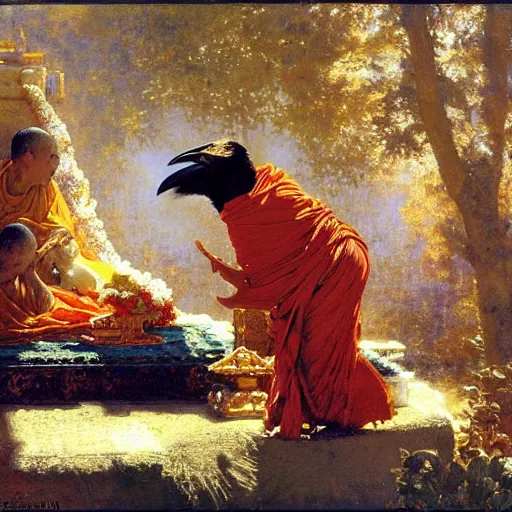 Image similar to crow worshipping buddhist monks, painting by gaston bussiere, craig mullins, j. c. leyendecker, lights, art by ernst haeckel, john william godward, hammershøi,,