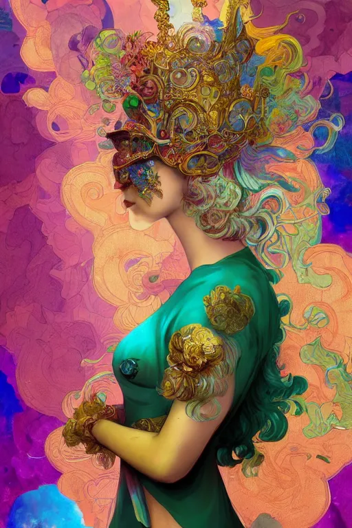 Image similar to woman in Venetian mask, profile, center of the universe, psychedelic, character concept, floating hair, gauzy dress, full body shot, many colors, colorful, all colors, highly saturated colors,, fantasy character, detailed illustration, hd, 4k, digital art, overdetailed art, concept art, Dan Mumford, Peter Mohrbacher, Alfons Mucha, Greg Rutkowski, trending on artstation