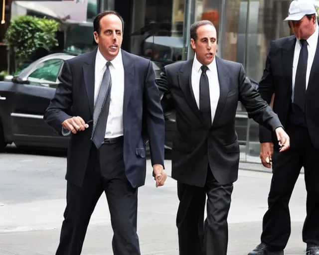 Image similar to Jerry Seinfeld in a suit raging outside of a Starbucks, paparazzi, TMZ, leaked photo, candid shot