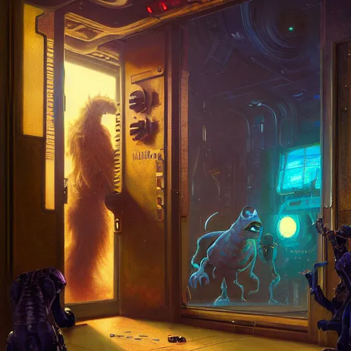 Image similar to portrait of sulley from monsters inc in front of a door. spaceship futuristic city. shadowrun cyberpunk fantasy d & d painting by gaston bussiere craig mullins jc leyendecker gustav klimt artgerm greg rutkowski john berkey, bergey, craig mullins, ruan jia, raymond swanland, tom lovell