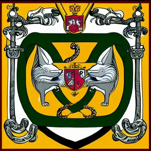 Prompt: “Coat of arms with vertical symmetry depicting a cat wearing aviator goggles, seated on a coiled serpent pierced by a sword. heraldic”