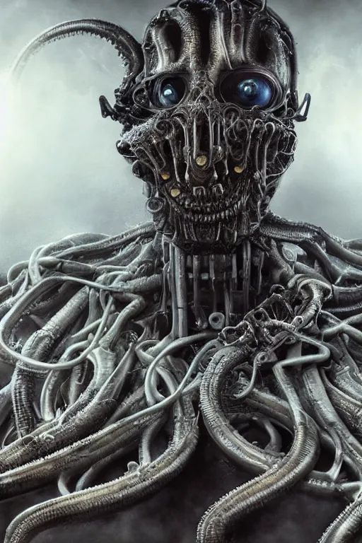 Prompt: mark zuckergberg!!! ( in the style of h. r giger ) as a cyborg with flailing tentacles made of ethernet cables, inhaling the souls of humanity, epic sky, ultra detailed photograph, depth of field, bokeh