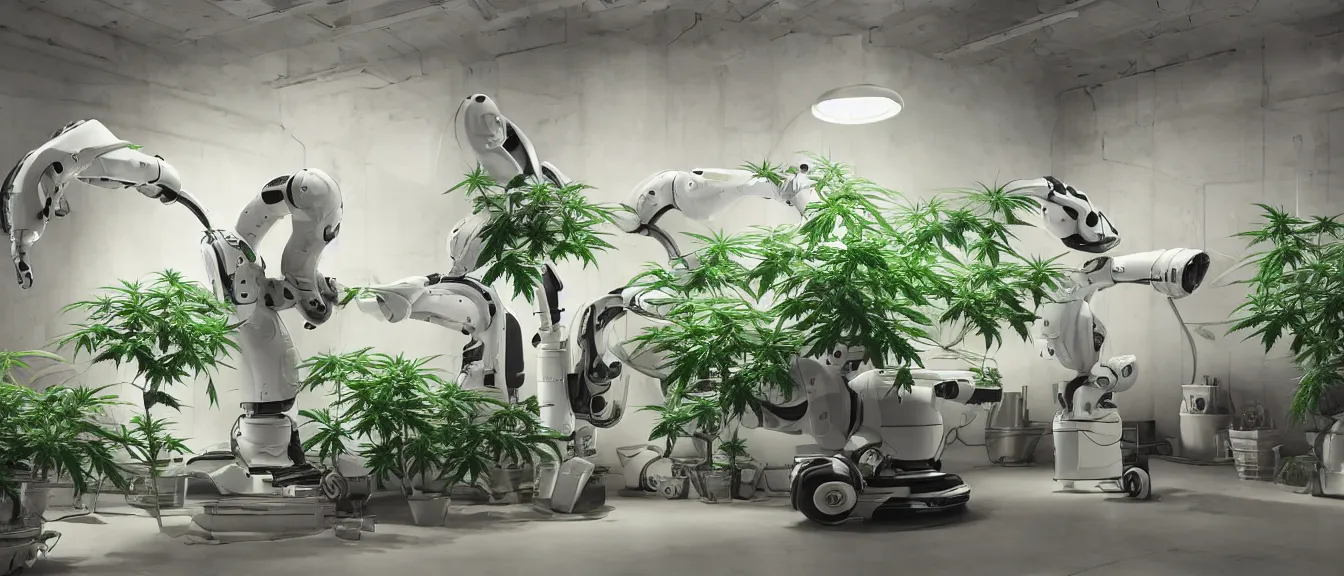 Image similar to three large white glossy kuka industrial robot harvesting a cannabis micro growery inside a fancy living room with retro modern furniture and decor, global illumination, artstation, fantasy, volumetric light