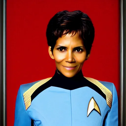 Image similar to a beautiful full body photograph of halle berry as a star fleet admiral from star trek next generation, full dress uniform, symmetrical face, extreme realism and detail, 8 k, completely framed, direct lighting, 3 5 mm photo, photorealistic, sharp focus