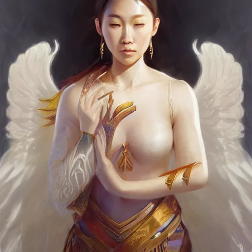 Image similar to Portrait of a Asian Goddess with angel wings, and a glowing halo, white lighting, digital art by Ruan Jia and Mandy Jurgens and Artgerm, highly detailed, trending on artstation, award winning,