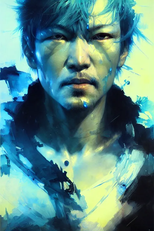 Image similar to gojo satoru, painting, beautifully glowing light blue eyes, collaborative artwork of greg ruthowski, yoji shinkawa, ruan jia, exquisitely high quality and detailed