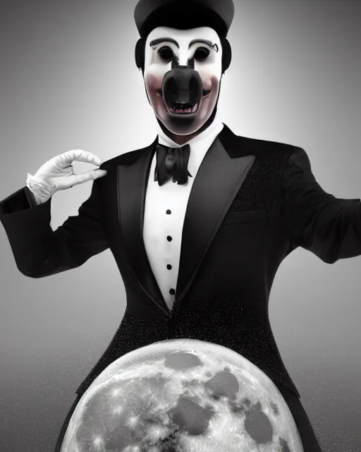 Image similar to a man in a tuxedo with a full moon on his head, an ambient occlusion render by Igor Morski, featured on cgsociety, pop surrealism, rendered in cinema4d, rendered in unreal engine, octane render