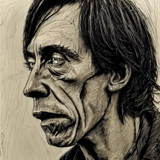 Image similar to a realistic yet scraggly portrait sketch of the side profile of a stern and sophisticated young iggy pop, trending on artstation, intricate details, in the style of frank auerbach, in the style of sergio aragones, in the style of martin ansin, in the style of david aja, in the style of mattias adolfsson
