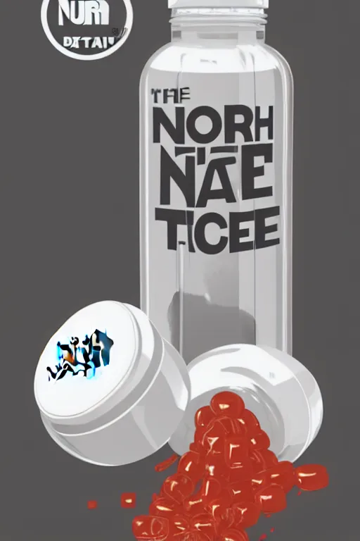 Prompt: concept art of a north face brand dietary supplement in a transparent modern rounded bottle filled with white liquid, black top, by huang guangjian and gil elvgren and sachin teng, white tones, white background, digital painting, artstation, concept art, smooth, sharp foccus ilustration hq
