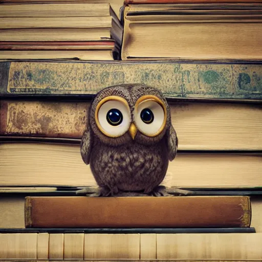 Prompt: long shot of a very cute plush owl sitting on a pile of antique books, big eyes half closed, by naoto hatori, by yoshita amano, by esao andrews, humorous illustration, hyperrealistic, big depth of field, fresh colors, dim light, 3 d octane render conceptart, 4 k, highly detailed, trending on artstation