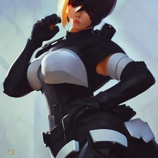 Image similar to greg manchess portrait painting of yorha type a no. 2 as overwatch character, medium shot, asymmetrical, profile picture, organic painting, sunny day, matte painting, bold shapes, hard edges, street art, trending on artstation, by huang guangjian and gil elvgren and sachin teng