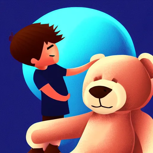 Image similar to young man burying his face on the belly of a giant teddy bear, cute, digital painting,