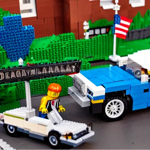 Image similar to An advertisement for a LEGO set of Dealey Plaza and the presidential motorcade