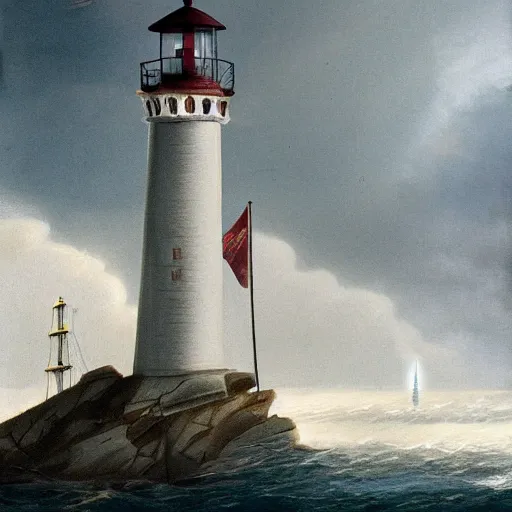 Prompt: a matte painting of a futuristic lighthouse on the shore with rough sea