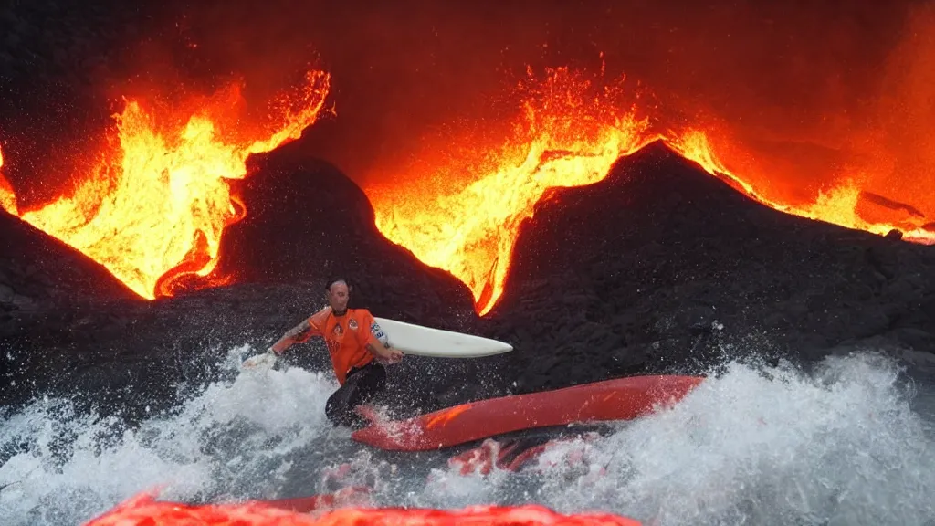 Image similar to person wearing a sponsored team jersey with logos surfing down a river of lava on the side of a volcano on surfboard, action shot, dystopian, thick black smoke and fire, sharp focus