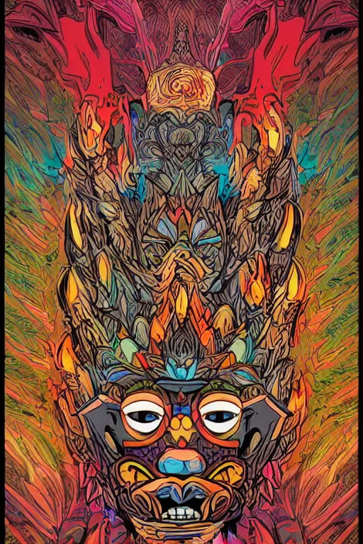 Image similar to animal mask totem roots flower tribal feather gemstone plant wood rock shaman vodoo video game vector cutout illustration vivid multicolor borderlands comics by josan gonzales and dan mumford radiating a glowing aura