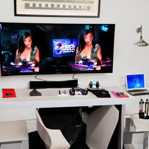 Image similar to still of kim kardashian as a twitch streamer, gaming room,