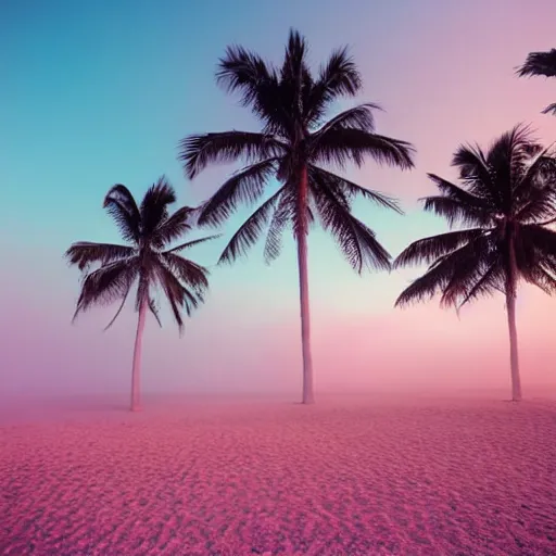 Prompt: palm trees on the beach, fog, pink-blue-green light, landscaping, natural, outdoor spaces,