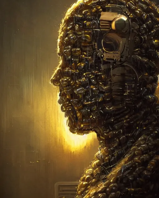 Image similar to man half covered face with cybernetic enhancements made of corn as seen from a distance, scifi character portrait by greg rutkowski, esuthio, craig mullins, 1 / 4 headshot, cinematic lighting, dystopian scifi gear, gloomy, profile picture, mechanical, half robot, implants, solarpunk