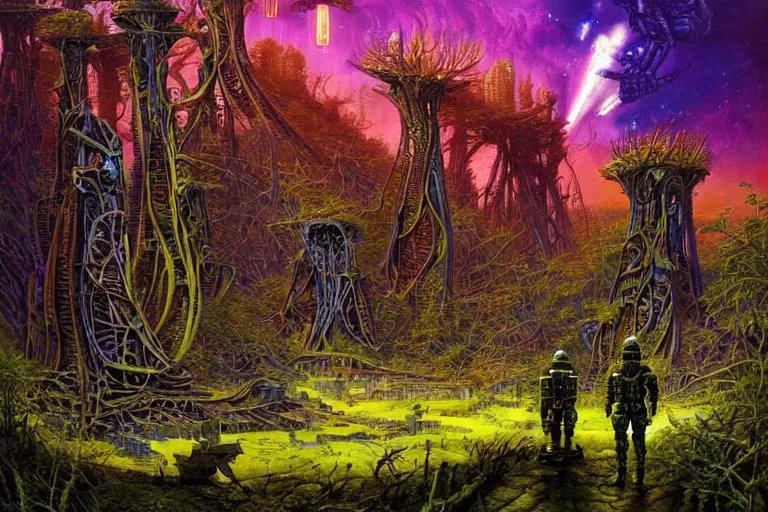 Prompt: Epic science fiction landscape. In the foreground is soldiers in battle-armor and a futuristic tank!!, in the background vibrant colourful alien trees and alien vegetation. An abandoned alien spaceship is between them. On the horizon a futuristic city. Vibrant colours, stunning lighting, sharp focus, extremely detailed intricate painting inspired by H.R. Giger and John Atkinson Grimshaw