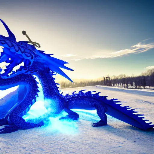 Prompt: a cobalt colored dragon breathing fire during winter, dynamic lighting, volumetric, wide angle, anamorphic lens, go pro, 4k