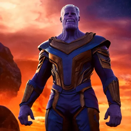 Prompt: ted danson, wearing thanos armour, standing on the planet titan, hd 4k photo, cinematic lighting