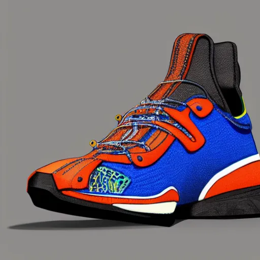 Image similar to Product photo of a new concept sport shoe. Intricate details. Ornamented. Bright colors. Octane render. 8k