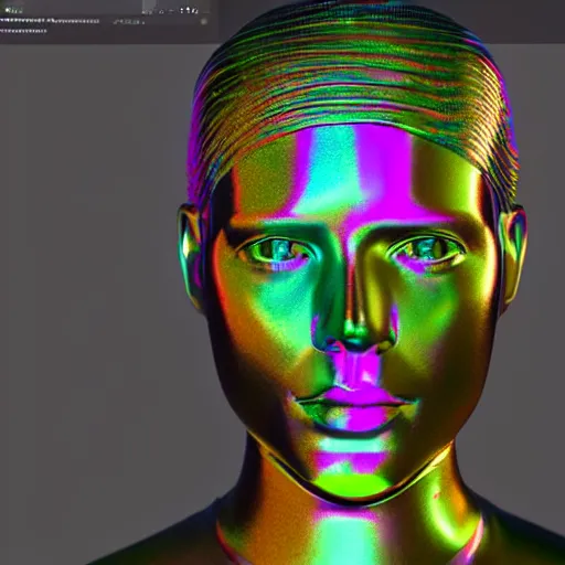 Image similar to 3d render of holographic human robotic head made of glossy iridescent, surrealistic 3d illustration of a human face non-binary, non binary model, 3d model human, cryengine, made of holographic texture, holographic material, holographic rainbow, concept of cyborg and artificial intelligence