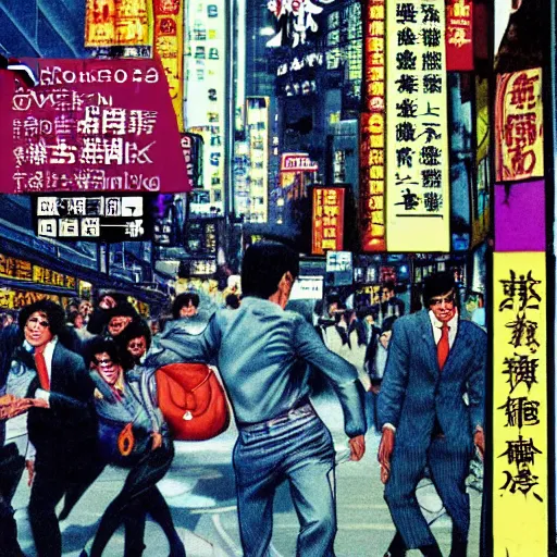 Prompt: glossy old advertising poster, michael jackson moonwalking!!!!! through crowded hong kong street, vendors, zombies, drawn comic by junji ito, pastels, gradient