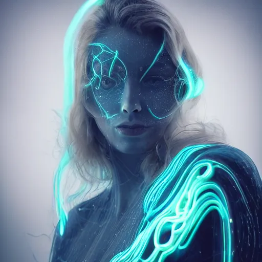 Image similar to bioluminescent long exposure light painting of a beauteous biomechanical practical sumptuous full frame photo realistic face, lifelike incredible hair, crystalline masterpiece incrustations, hyperdetailed face, elegant pose, movie still, intricate, octane render, cinematic forest lighting,