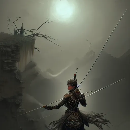 Image similar to beautiful extremely detailed intricate concept art depicting an archer by wlop. shining jewelry. grey atmosphere. particles in the background. artstation.