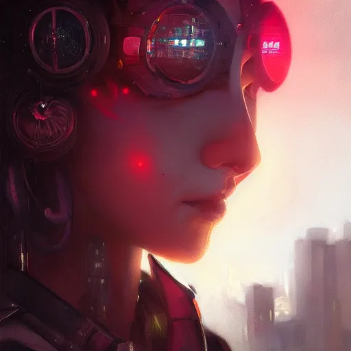 Image similar to closeup portrait of a young cyberpunk razorgirl, dramatic lighting, city background, night, moon, chiaroscuro, high detail, painted by greg rutkowski, painted by igor kieryluk, painted by bobby chiu, painted by geoffroy thoorens, trending on artstation