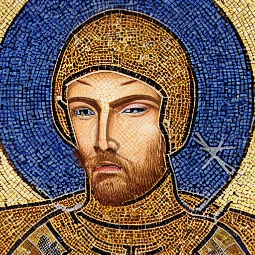 Prompt: realistic portrait of a crusader knight in a byzantine mosaic, very detailed, very realistic, elegant, top art, renowed artwork