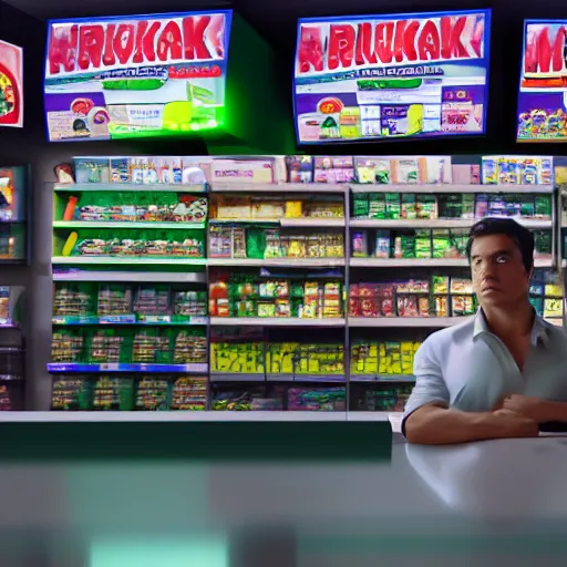 Image similar to the incredible hulk working as a 7/11 cashier and wearing a uniform, macro, wide shot, dramatic lighting, octane render, hyperrealistic, HD