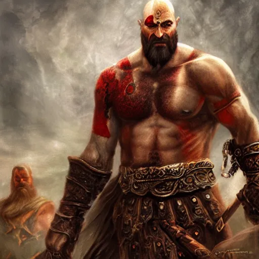 Prompt: Kratos, elden ring boss, matte painting, detailed, elden ring, oil on canvas