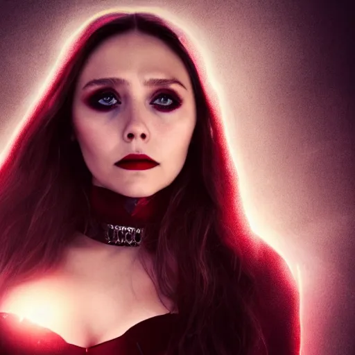 Prompt: Elizabeth Olsen as the Scarlet Witch in emo attire and emo makeup, trending on artstation, gloomy atmosphere, photorealistic facial features, 4k, 8k