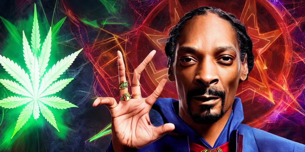 Image similar to snoop dogg as the doctor strange, marijuana leaves, green light, highly detailed, marvel cinematic universe, mcu, photo