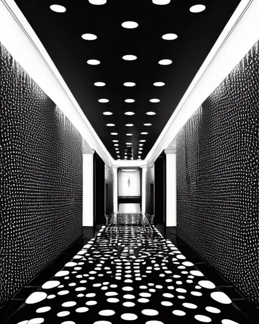 Image similar to art deco hallway, black and white dots, ultra detail, photoreal, professionally retouched, black and white colors, wide angle, 8 k high definition, insanely detailed, intricate, elegant, art by artgerm and wlop