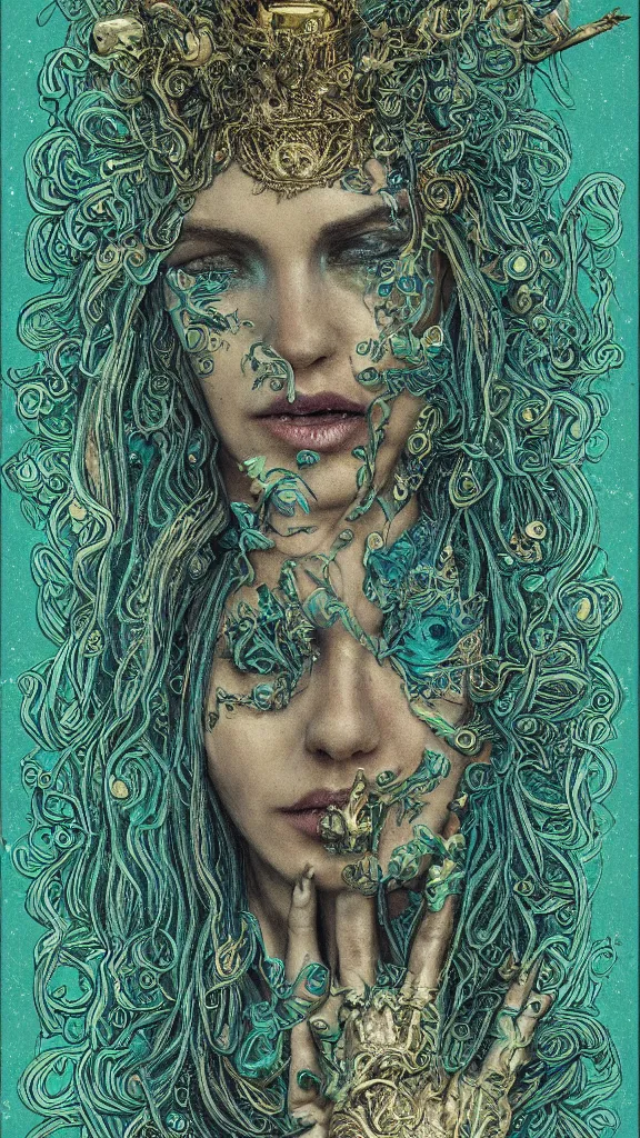 Image similar to Tarot card of the Cannabis Goddess, highly detailed portrait, psychedelic, high fantasy, teal paper, smoke swirls, ultra-detailed, ornate, elaborate, intricate metallic details, mixed media, realistic composition, point of interest at golden ratio, light from top, more darkness on bottom, high quality of sketching, highly detailed, octane render, 8k